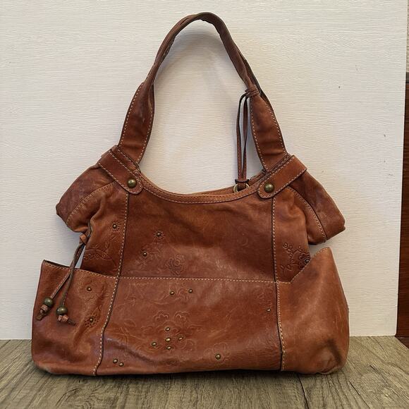 Fossil Leather Tote Bag Floral Embossed Brown Shoulder Purse Distressed Vintage - Picture 1 of 9